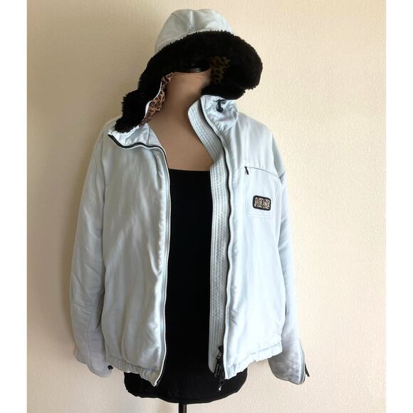 Roxy Hooded Jacket Women L Baby Blue Animal Print Lined Faux Fur Snow Ski Winter - Picture 1 of 14